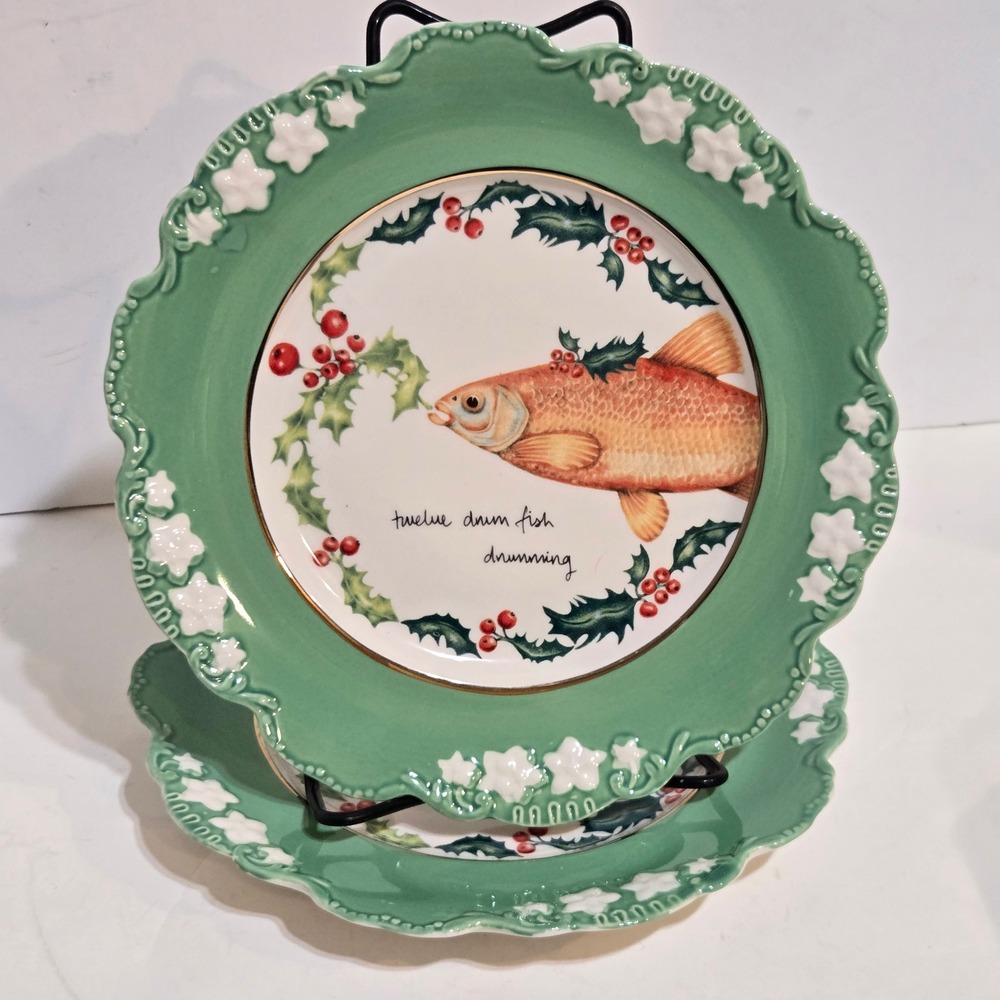 Anthropologie Lou Rota Twelve Days of Christmas Plate 9" Green Fish Drumming NEW